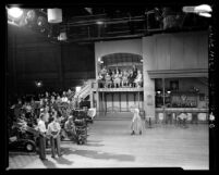 Soviet leader Nikita Khrushchev and entourage watching filming at 20th Century-Fox studio in Los Angeles, Calif., 1959