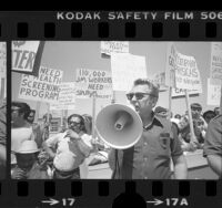 Employees of Johns Manville Corporation demonstrating for medical testing of workers for asbestos in Long Beach, Calif., 1976