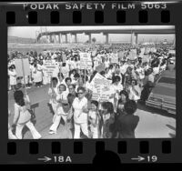 Tuna industry workers demonstrating over environmental restrictions on tuna fishing, Calif., 1977