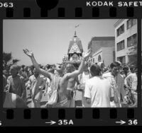 Hare Krishnas celebrating Festival of Chariots in Venice Beach, Calif., 1977