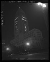 Night scene of City Hall windows lighted to read "51" for the New Year in Los Angeles, Calif., 1951
