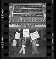 Coalition of Asians to Nix Charlie Chan members picketing "The Fiendish Plot of Dr. Fu Manchu," motion picture in Hollywood, Calif., 1980