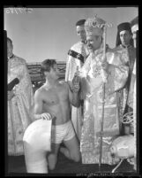 Peter L. Brotsis returns gilded cross to the Rt. Rev. Bishop Demetrios in Long Beach, Calif., 1963