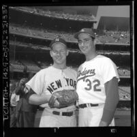 Whitey Ford and Sandy Koufax posing for photos at 1963 World Series in Los Angeles, Calif., 1963