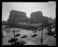 Los Angeles Times and surrounding buildings viewed from 2nd and Spring Street intersection, 1963