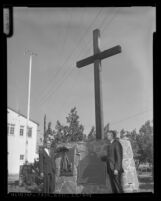 Walter E. Wrightman and Dan Evans standing before La Cristianita monument in San Clemente, Calif., 1963