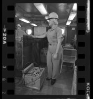 U. S. Navy Engineer Charlene Albright on missile test ship, Calif., 1978