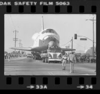 Space Shuttle Challenger being towed along street in Lancaster, Calif., 1982