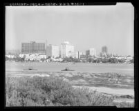 View eastward from San Diego Freeway towards construction of buildings in Westwood, Calif., 1963