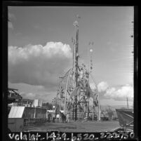 Tower of the Four Winds mobile, created by Walt Disney for Pepsi Cola, sitting in yard of it's builder, Kelite Corporation, Calif., 1964