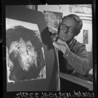 Ray Bradbury at UCLA project to illustrate characters from his science fiction dramas, 1964