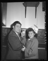 George J. Fukumoto and Kikuto Kitajima, first postwar "picture bride" in Los Angeles, Calif., 1948