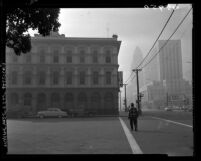 Know Your City No.56; Exterior view of the Pico House and surrounding buildings, Los Angeles, 1956