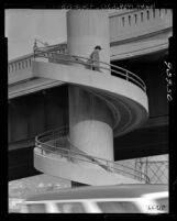 Know Your City No.83 Circular pedestrian stairway on Pasadena Freeway Riverside Drive, Los Angeles, 1956