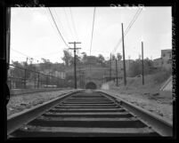 Know Your City No.143 View looking down train tracks at the abandoned Pacific Electric tunnel and hillside Los Angeles, Calif.