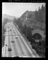 Know Your City No.173 Southbound lanes of Pasadena Freeway going through Elysian Park, Los Angeles, 1956