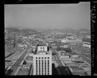 Know Your City No.198; Cityscape view looking north from the City Hall tower Los Angeles, Calif., 1956