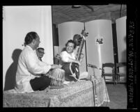 Musicians Ravi Shankar, Alla Rakha and N.C. Mullick rehearsing for concert in Los Angeles, Calif., 1965