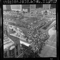 Overhead view of March 14, 1965 civil rights march at Pershing Square, Los Angeles