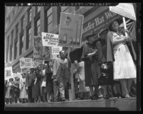 Pickets carrying banners protesting Nazism and Fascism in Spain, Los Angeles, Calif., 1938