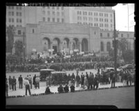 Demonstration demanding more jobs on steps of Los Angeles City Hall, Calif., 1940