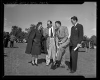 Jean Hersholt, Mary Pickford and Edward Arnold at ground breaking ceremony for the Motion Picture Relief Fund House of Woodland Hills, Calif., 1941