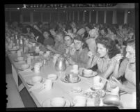 Mess hall with women who picked grapes for the American Women's Voluntary Services in Delano, Calif., 1942