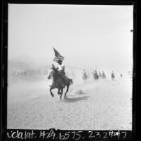 African American boys riding horses during training for movie about United States 10th Cavalry, Buffalo Soldiers, Calif., 1966