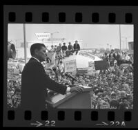 Ronald Reagan speaking to crowd during gubernatorial campaign stop in Lakewood, Calif., 1966