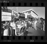 Chinese Americans demonstrating during Chinese president Li Xiannian's visit to Los Angeles, 1985