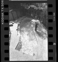 Architectural historian Charles Jencks cleaning his pool in Los Angeles, Calif., 1986