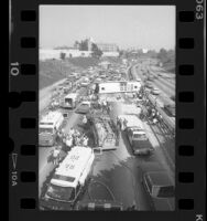 Traffic accident, over turned bus on the Hollywood Freeway, Calif., 1986
