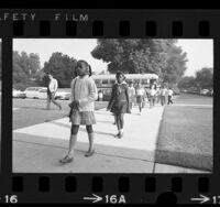 First black students arriving by bus to attend Plymouth Elementary School in Monrovia, Calif., 1970