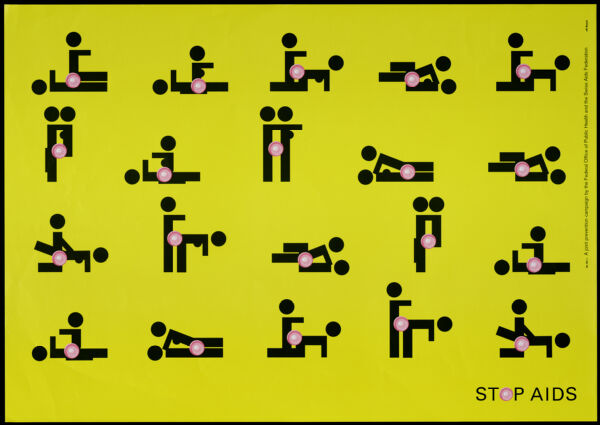 Twenty stick figures stop AIDS poster [descriptive].