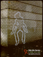 Poster of a silhouette on a brick wall of two people engaged in intercourse [descriptive]