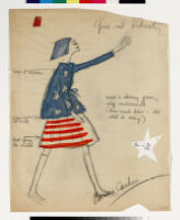 Cashin's illustrations of clothing designs including a bicycling uniform, a patriotic ensemble, and body container for promotion at Saks Fifth Avenue.