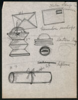 Cashin's rough sketches of handbag designs and swatch of Cashin's trademark striped lining.