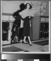 Black and white photographs of Cashin's ready-to-wear designs for Adler and Adler and Sills and Co. modeled at various fashion shows.