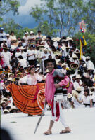 Ejutla de Crespo, dancers one couple with orange skirt front view, 1985