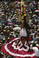 Chines de Oaxaca, woman dancing with flower basket on head [blurred], 1982