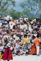 Ejutla de Crespo, performers throwing gifts to spectators, 1985