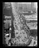 Overhead view of parade for dedication of Los Angeles City Hall, Calif., 1928