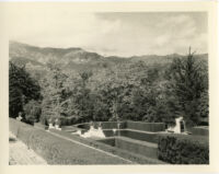 Wright Saltus Ludington residence, view from terrace towards oval reflecting pool, Montecito, 1931
