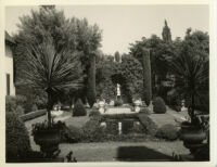 Dr. and Mrs. P. G. White residence, view of reflecting pool and statue garden, Los Angeles, 1937