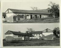 Rancho Los Cerritos, 2 views of decaying house and gate, Long Beach, 1930