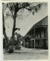 Rancho Los Cerritos, view of decaying house, balcony, and walkway, Long Beach, 1930