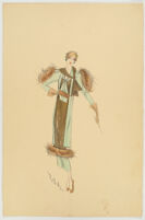 Robert Kalloch design : light green and gold ensemble with fur trim at the shoulders and hem, signed "Kalloch"