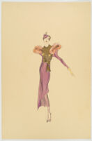 Robert Kalloch design : lavender dress with short gold bodice and fur-trimmed shoulders