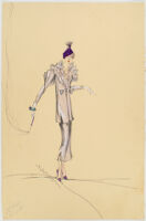 Robert Kalloch design : purplish-grey suit for Peggy Hamilton, signed "Kalloch"