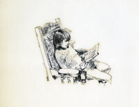 Line drawing of child in chair reading book by Trevor Stubley [copy], for "Growing Point"